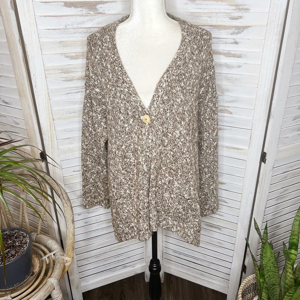 PURE JILL Women's Chunky Braided Knit Cardigan Sweater Single Button Brown Large - Picture 14 of 15